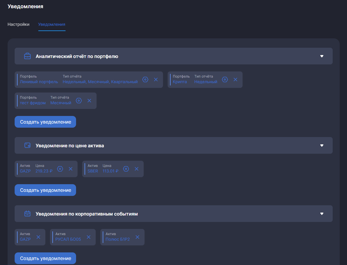 Уведомления в телеграм о достижении целевой цены акций, облигаций, криптовалют, аналитический отчет и информировании и дивидендах и купонах
